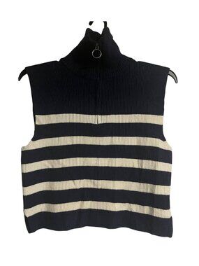 Pink Rose Sleeveless Sweater Vest Womens Size L Navy Blue White Stripes